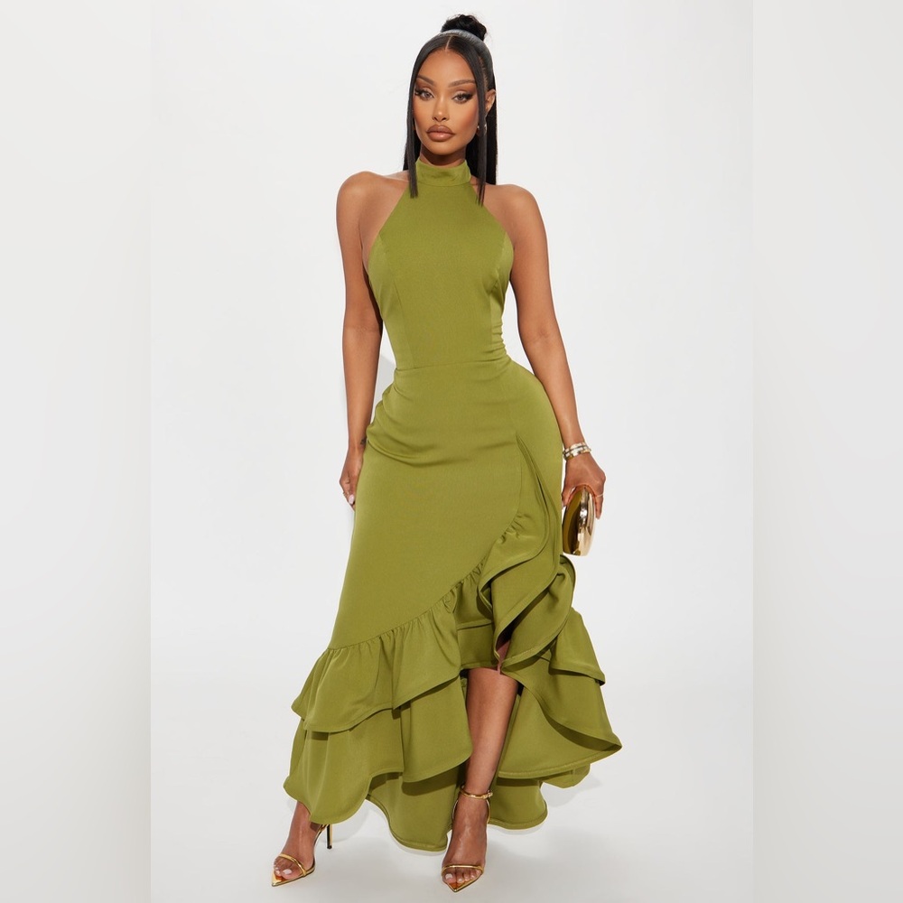 FASHIONNOVA Elegant Olive Green Halter Dress